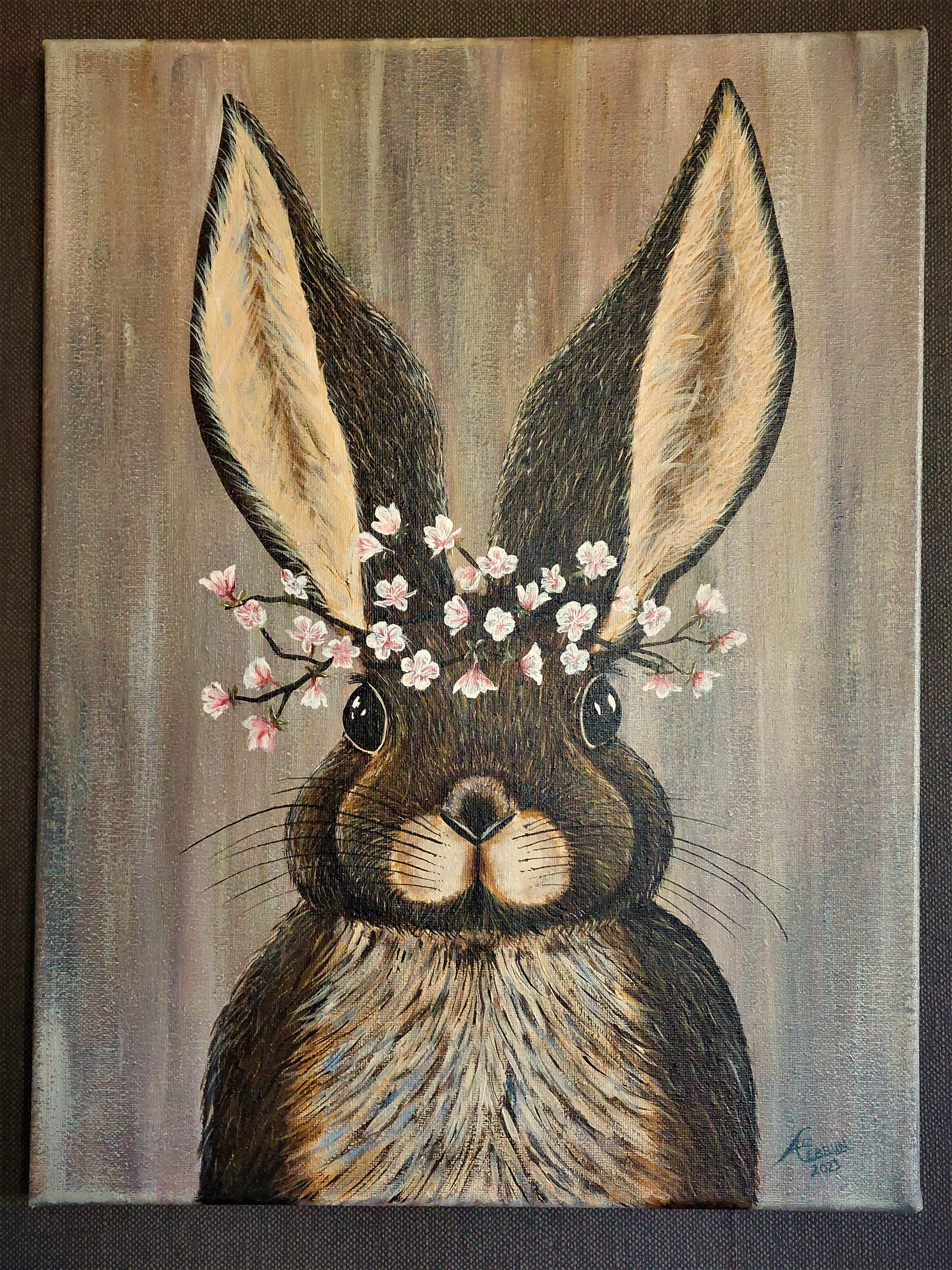 konijn, acryl, schilderij, bloemen